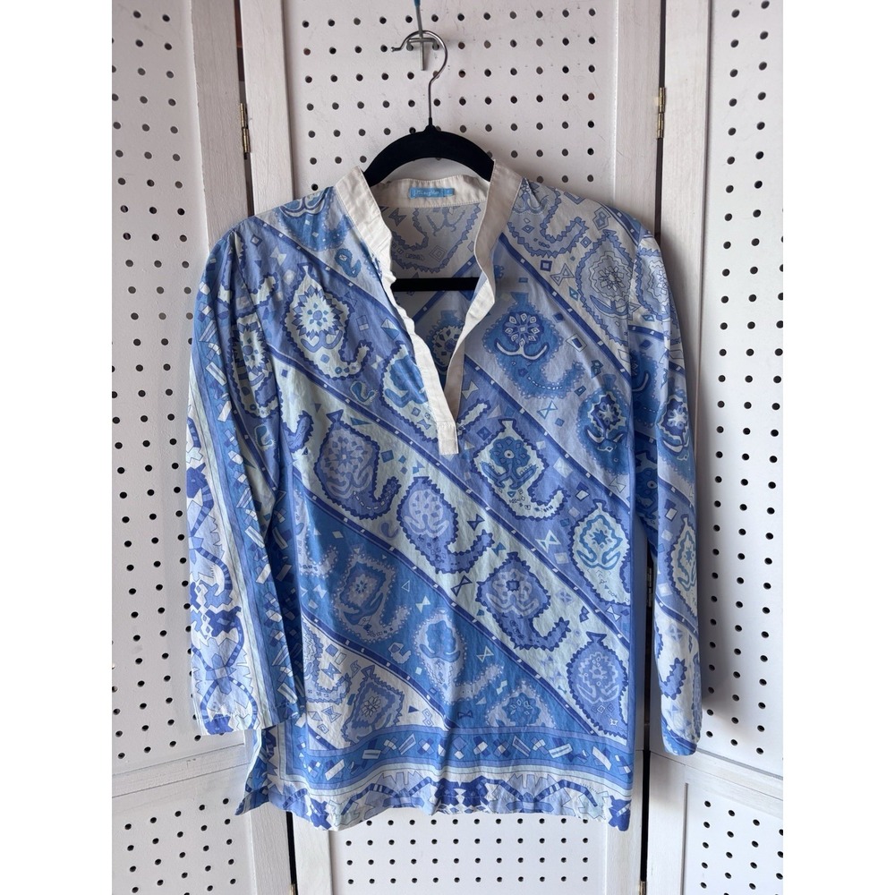J. Mclaughlin Vneck‎ Women's 4 Small Blue Paisley Geo LS Cotton Silk Tunic Shirt